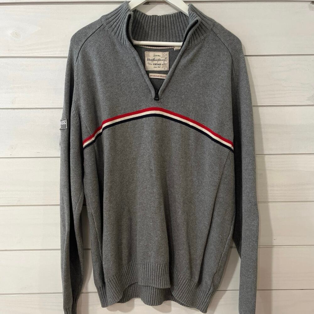 Original Weatherproof Vintage 1/4 Zip Gray Striped Sweater 100% Cotton Size XL